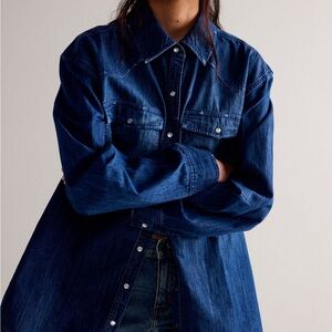 Free People Dark Blue Denim Button-Down Shirt